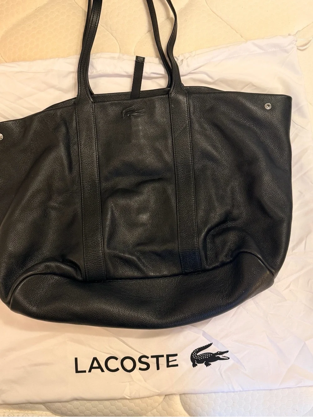 Lacoste Black Pebbled Leather Laptop Tote